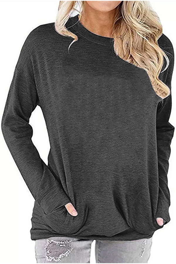 Gray Crew Neck With Pockets Long Sleeve Top
