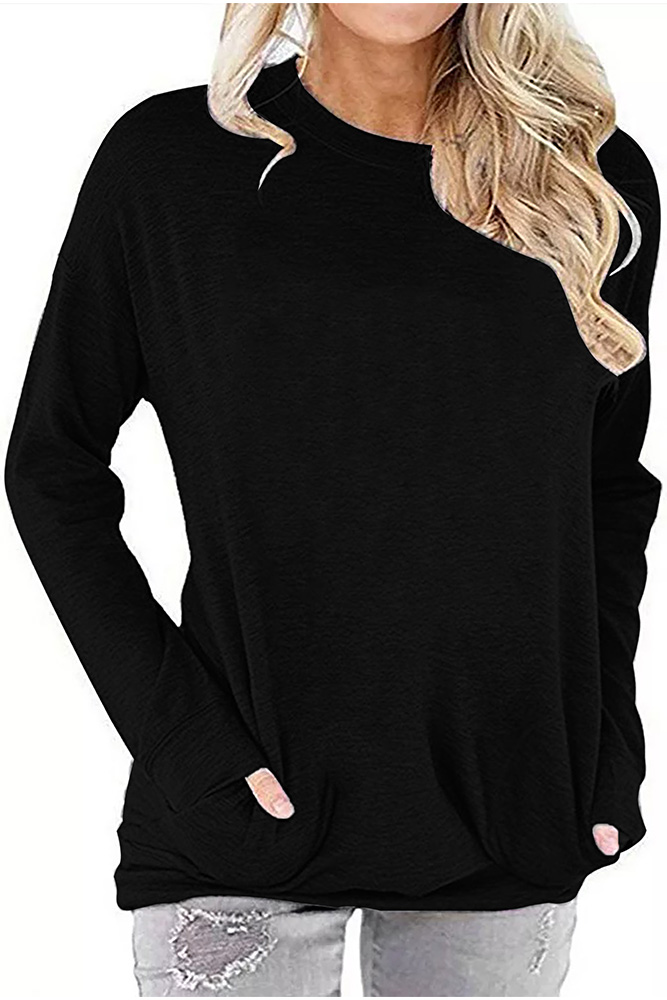 US$ 13.60 - Black Crew Neck With Pockets Long Sleeve Top - www.unishe.com