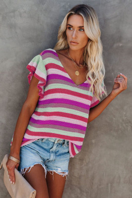 Pink Striped Ruffle Short Sleeve Knit Top