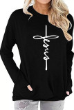 Black Printed Crew Neck With Pockets Long Sleeve Top