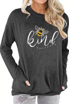 Gray Printed Crew Neck With Pockets Long Sleeve Top