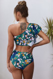 Green Floral Print Ruffled Single Shoulder High Waist Bikini