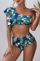 Green Floral Print Ruffled Single Shoulder High Waist Bikini