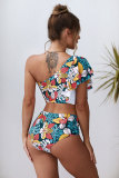 Multicolor Floral Print Ruffled Single Shoulder High Waist Bikini