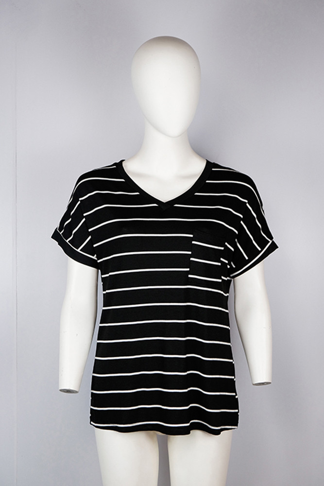US$ 12.99 - Black Striped V-Neck Short Sleeve Top - www.unishe.com