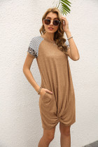 Coffee Stripe O-neck Twist Short Sleeve Dress with Pocket