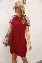 Wine Red Stripe O-neck Twist Short Sleeve Dress with Pocket