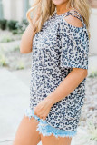 Leopard Printed Sloping Shoulder Short Sleeve Top