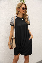 Black Stripe O-neck Twist Short Sleeve Dress with Pocket