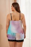 Multicolor Plus Size Pajamas Set with Lace Trim