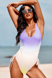 Purple Ombre Drawstring Ruched Sides Backless Monokini