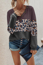 Purple Leopard Contrast V-neck Long Sleeve Top