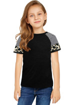 Black Girls’ T-shirt with Striped Leopard Sleeve
