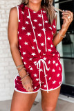 Red Stars Hooded Sleeveless Top Shorts Loungewear Pajamas Set