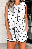 White Stars Hooded Sleeveless Top Shorts Loungewear Pajamas Set