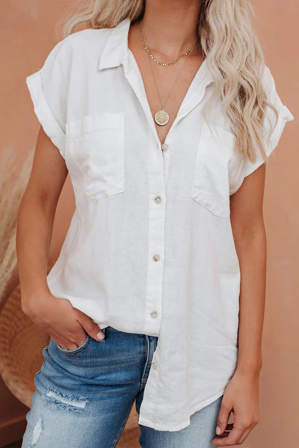 White Linen Button Short Sleeves Shirt