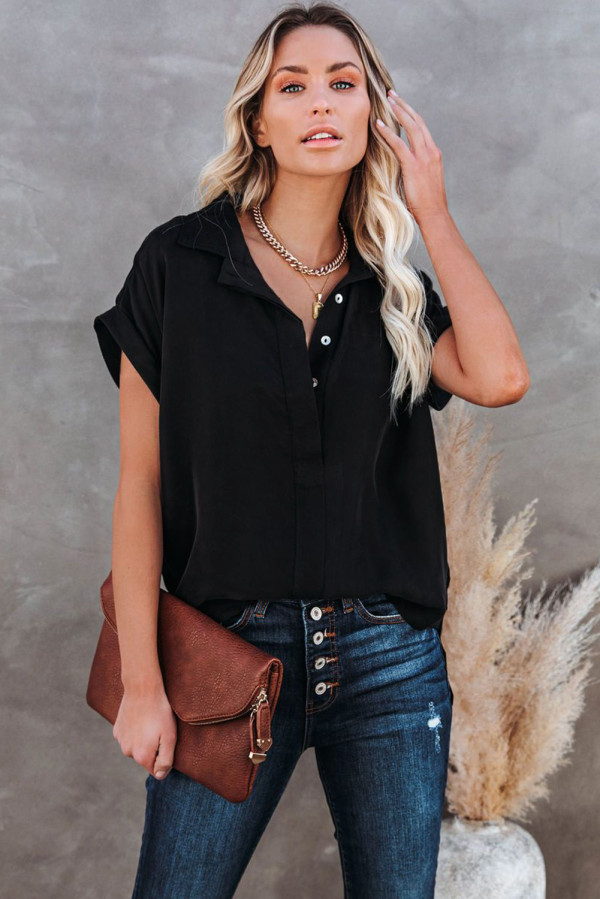 Black Collared Button Short Sleeves Shirt