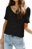 Black V Neck Eyelet Knitted Top with Scalloped Trims