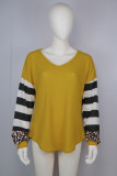 Yellow Leopard Striped Splicing V-Neck Long Sleeve Top