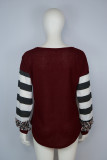 Red Leopard Striped Splicing V-Neck Long Sleeve Top