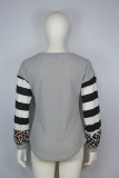 Gray Leopard Striped Splicing V-Neck Long Sleeve Top