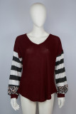 Red Leopard Striped Splicing V-Neck Long Sleeve Top