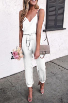 White Solid Color Slip Jumpsuit With Belt