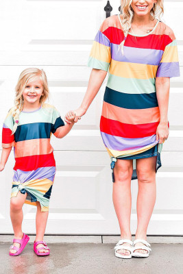 Mother and Daughter Matching Striped Side Split Adult T-shirt Dress
