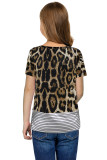 Leopard Print Splicing Stripes Girls’ T-shirt