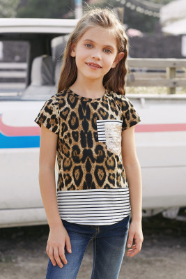 Leopard Print Splicing Stripes Girls’ T-shirt