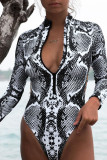 Gray Snake Print Zipper Cut-out Rash Guard Swimsuit