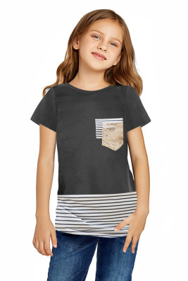 Gray Print Splicing Stripes Girls’ T-shirt