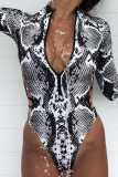 Gray Snake Print Zipper Cut-out Rash Guard Swimsuit