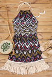 Aztec Geometric Open Back Halter Tassel Edge Mini Dress