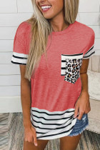 Pink Striped Patchwork O-Neck Short Sleeve Top