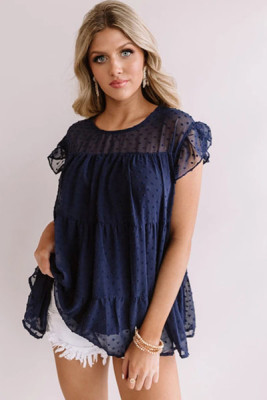 Blue Polka Dot Babydoll Style Flutter Sleeve Top