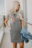 Gray Floral Striped Print Cotton Blend T-shirt Mini Dress with Pockets