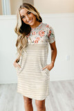 Apricot Floral Striped Print Cotton Blend T-shirt Mini Dress with Pockets