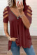 Wine Red Zipper V-Neck Hollow Out Short Sleeve Top