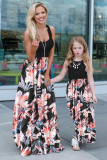 Black Mom and Daughter Matching Sleeveless Floral Print Kid's Maxi Dress