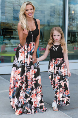 Black Mom and Daughter Matching Sleeveless Floral Print Adult Maxi Dress
