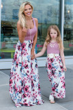 Pink Mom and Daughter Matching Sleeveless Floral Print Adult Maxi Dress