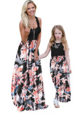 Black Mom and Daughter Matching Sleeveless Floral Print Adult Maxi Dress