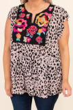 Leopard Flower Print Splicing Short Sleeve Plus Size Tunic