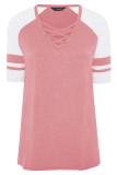 Pink Crisscross V Neck Raglan Sleeve Plus Size Tee