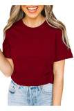 Wine Red Solid Color Crew Neck Short Sleeve Tee