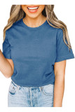 Blue Solid Color Crew Neck Short Sleeve Tee