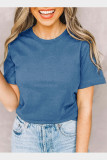 Blue Solid Color Crew Neck Short Sleeve Tee