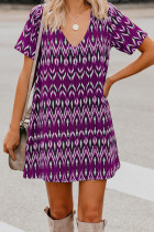 Purple Print  V-neck Loose Short Sleeve Dresses