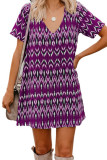 Purple Print  V-neck Loose Short Sleeve Dresses